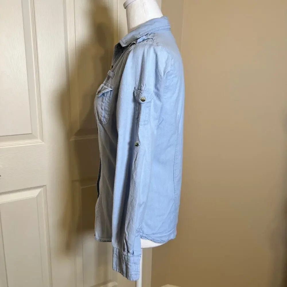 Delia’s Y2K Denim Shirt Chambray Button Down 2000's Lt Blue Long Sleeve Medium - Picture 6 of 8